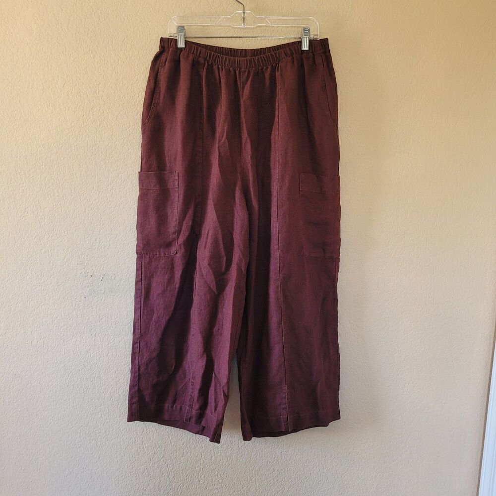 FLAX Womens Burgundy 100% Linen Wide Leg Elastic Waist Pants Size Large Bohemian